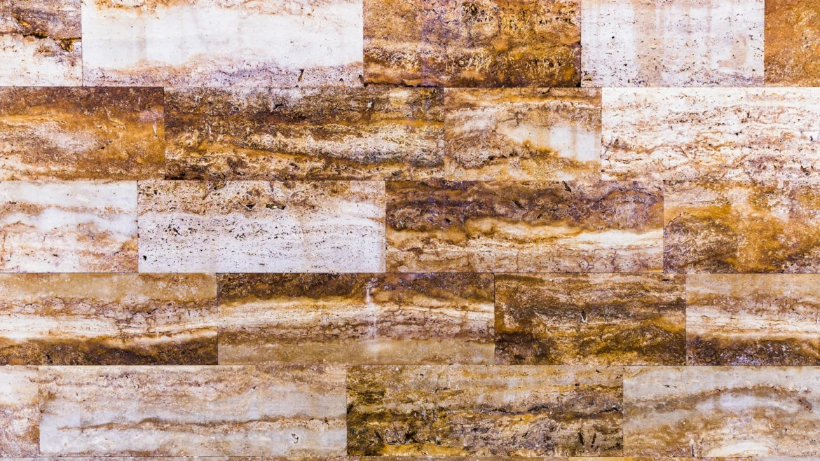 Travertine stone wall with silver travertine marble tile pattern